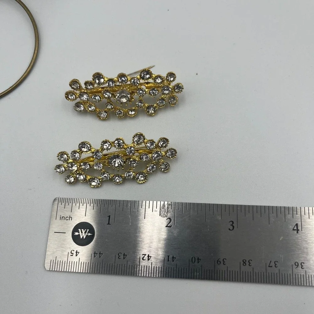 Vintage Gold Tone Rhinestone Brooch Pin Set of 2 Sparkly Crystal Classic Fashion